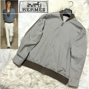 本物 極美品 ランウェイ エルメス Hマーク 総柄 ブルゾン ブラウス ジャケット カーキ 8分丈 HERMES セリエボタン レザーZIP