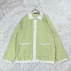 【w closet】襟付きニットカーディガン ゆったり白×黄緑 F