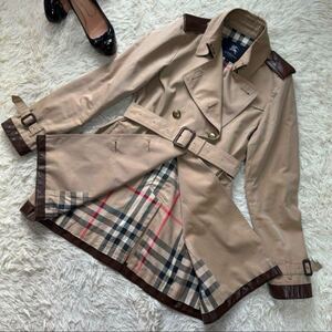 美品 高級レザー切り替え!!! 人気ベージュカラー!!!参考価格20万●BURBERRY LONDON●トレンチコート バーバリーコート レディース 38=M 