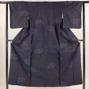 結城紬 身丈150.5cm 裄丈62cm S 袷 証紙 扇面 椿 濃紺 正絹 美品 秀品 【中古】