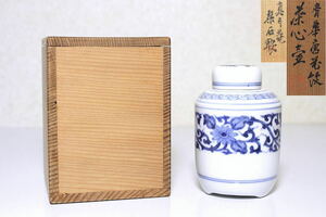 【游】京焼 [真月庵 平安栞石] 青華 唐花紋 茶心壺 | 茶入 茶壷 古伊万里 九谷 古染付 清風与平 香山 陶山 蘇山 幹山 竹泉 須田青華 昭阿弥