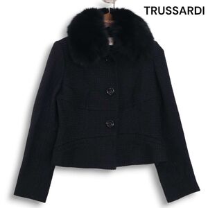 TRUSSARDI トラサルディ 秋冬★ ブルー フォックス ファー♪ ウール混 ツイード ジャケット Sz.38 レディース 黒 日本製 　K4T01596_A#N