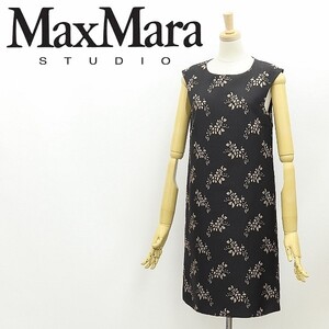 美品◆Max Mara STUDIO マックスマーラ 花柄刺繍 総柄 ノースリーブ ワンピース チャコールブラウン×ベージュ