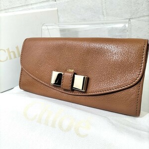 18 Φ 【 Chloe 】 クロエ ゴールド金具 リボンデザイン レザー 長財布 ウォレット 小銭入れあり 10カードポケット 茶系 商品ランクB 