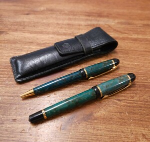 WATERMAN ウォーターマン フィリアス 万年筆 ボールペン レザーケース セット PHILEAS 緑系 マーブル柄 ヴィンテージ 廃盤 F