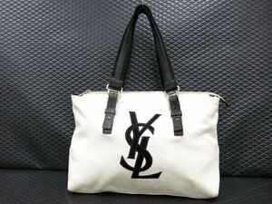 ◆YSL Yves Saint-Laurent イヴ・サンローラン◆カハラ◆キャンバス カーフ レザー 本革◆トート バッグ◆白 黒 シルバー金具◆A6486