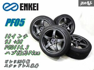 めっちゃキレイ！●ENKEI エンケイ PF05 18インチ 9J +38 PCD114.3 スタッドレス装着ホイール4本 ランエボ WRX インプレッサ VAB GT-R