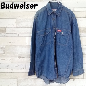 【人気】Budweiser/バドワイザー 刺繍ロゴ デニムシャツ 両面 ブルー サイズM/6378