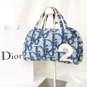 【レトロでカジュアルな魅力】　クリスチャンディオール DIOR　ミニボストンバッグ トロッター柄 ヴィンテージ パイル地　青　白