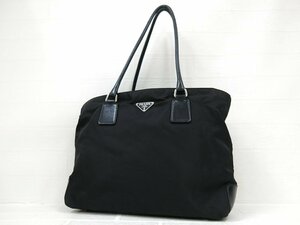 ◆美品◆PRADA プラダ◆ナイロン カーフ レザー 本革◆トート バッグ◆ブラック SV金具◆イタリア製◆肩掛け◆三角ロゴプレート◆A7818