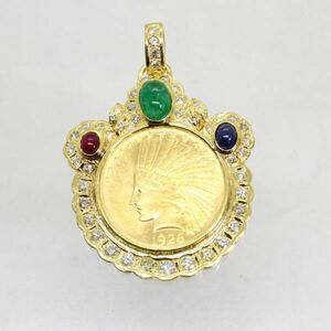 ◎中古美品◎１８金枠　ダイヤ　2.75ｃｔ　マルチカラーストーン　インディアンコイン　ペンダント