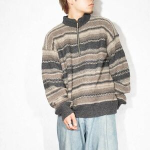 USA VINTAGE BORDER PATTERNED DESIGN HALF ZIP KNIT/アメリカ古着ボーダー柄ハーフジップニット