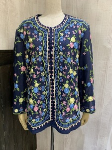 70s ビンテージ Limas 刺繍 エンブロイダリー ノーカラー チュニック ブラウス ジャケット アメリカンビンテージ ヒッピー エスニック