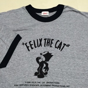 デッドストック品 1986年製 LEVI’S＋FELIX THE CATのコラボ品 リンガータイプTシャツ サイズL 杢グレーに黒色 ポリ混 フロントにプリント