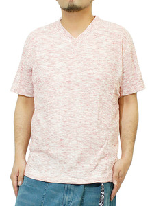 【新品】 3L 杢レッド Tシャツ メンズ 大きいサイズ 小さいサイズ Vネック 半袖 無地 テレコ素材 ストレッチ カットソー
