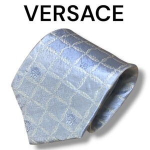 【1円スタート】VERSACE ヴェルサーチ ネクタイ ハイブランド ブランド イタリア製 シルク 麻 ブルー 総柄 メデューサ