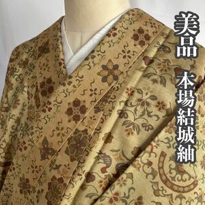 #E109 美品 本場結城紬 型染め 花唐草 小鳥 草木染め 正絹 お洒落 和装 和服 着物【wellriver】 