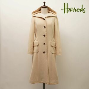 美品 Harrods ハロッズ シルク カシミヤ アンゴラ フード付きウールロングコート レディース 冬物アウター アイボリー サイズ1*KC409