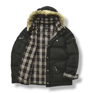 ♪バーバリー BURBERRY BLACK LABEL ホワイト グース ダウン ジャケット L ブラック x ノバチェック柄 ラビットファー 中綿 ジャンパー♪