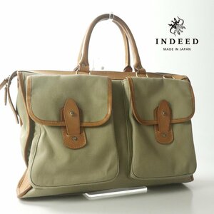 美品 日本製 INDEED インディード 牛革 アンティークレザー キャンバス トートバッグ カーキベージュ ユニセックス