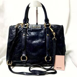 良品●ミュウミュウ miumiu A4◎ ショルダーバッグ トート ハンド ビジネス レザー 2way ダーク ネイビーレディース 金ロゴ ヴィンテージ