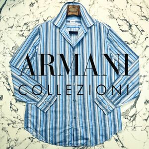 マルチストライプ/XL相当 ●ARMANI COLLEZIONI アルマーニコレツィオーニ 長袖 シャツ 青 紫 ブルー 光沢 カジュアル コットン 総柄 メンズ