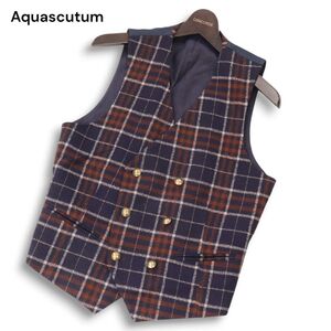 Aquascutum アクアスキュータム 秋冬 フランネル ウール★ チェック柄 ダブル ベスト ジレ Sz.M　メンズ 日本製　I4T02676_8#N