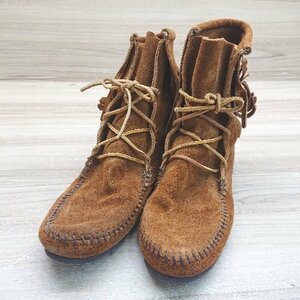 ◇ Minnetonka ミネトンカ フリンジ モカシン スリム 手作り ブランド 定番 ブーツ サイズ6 ブラウン系 レディース E