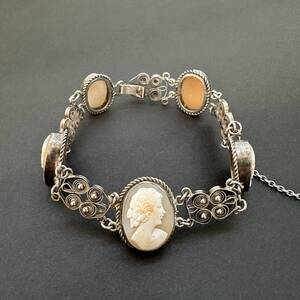 【イタリアンカメオ】1900年代 アンティーク cameo シェル ブレスレット 手彫り シルバー800 貴婦人 5パネル イタリア 貝