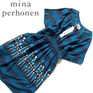 【送料無料】【未使用】mina perhonen ミナペルホネン　ブラウジングワンピース　S レディース　柄　刺繍　花柄　ロング　フリル　綿