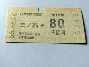 乗車券 帝都高速度交通営団 地下鉄線 三ノ輪 80円区間 昭和55年8月20日 鉄道 切符 昭和レトロ 古い切符