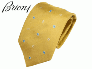 ブリオーニ Brioni O61D00 P941J 7048 GOLD BLUETTE ゴールド系地 フラワー柄 小紋 シルク ハンドメイド ネクタイ