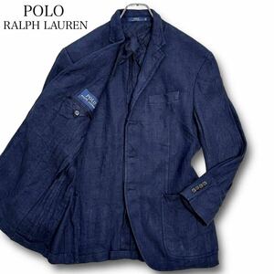 XLサイズ★ POLO RALPH LAUREN ポロラルフローレン リネン100% テーラードジャケット ヘリンボーン 背抜き 3B サイドベンツ ネイビー