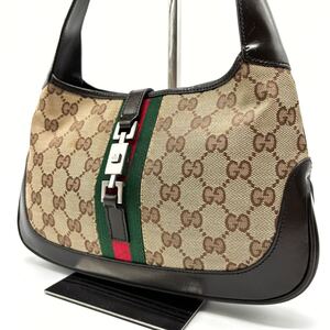 1円『極美品』GUCCI グッチ トートバッグ ハンド ジャッキー シェリーライン GG柄 シルバー金具 肩掛け キャンバス レザー ベージュ 