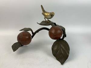 【結】銅製 置物 鳥と柿 銅 銅器 置物 床飾り オブジェ 骨董品 古美術 アンティーク
