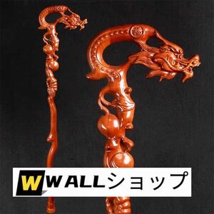 新入荷★杖 実木彫刻 泰山 桃木 が竜頭 老人