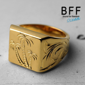 BFF ブランド パームツリー 印台リング ラージ ごつめ ゴールド 18K GP 金色 四角 手彫り 専用BOX付属 (14号)