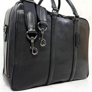 美品 COACH コーチ 2way ビジネスバッグ オールレザー 2室 ショルダー バック ブリーフケース ドキュメント A4書類 PC メンズ ブラック 黒 