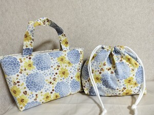 ハンドメイド トートバッグ 弁当袋 ランチバッグ ミニトートバッグ 花柄 お弁当袋 巾着バッグダリア柄