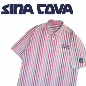 極美品 豪華刺繍 SINA COVA シアサッカー マルチストライプ ボタンダウン 半袖シャツ ドレスシャツ シナコバ マリン メンズL ゴルフ 240778