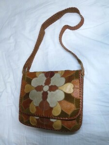 60s 70s レザー パッチワーク ヒッピー ショルダーバッグ IDEALジップ char vintage hippie bag