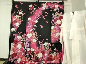 平和屋2■豪華振袖　長襦袢(無双仕立て・半衿刺繍)セット　刺繍　舞花文　黒地　暈し染め　金銀彩　銀通し地　逸品　DAAH5268ps