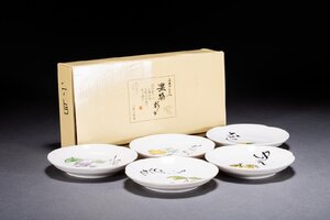 【善古堂】某有名オークション買入 時代物 京焼 市田ひろみ作 果物彩絵小皿五枚組 共箱 和食器 骨董品 古美術1025-348S01　