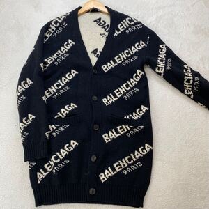 【美品・最高峰】 BALENCIAGA バレンシアガ メンズ ジャガードロゴ ウール キャメル ニット カーディガン ブラック L相当 オーバーサイズ