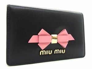 ■新品同様■ miumiu ミュウミュウ レザー リボン カードケース カード入れ 名刺入れ レディース ブラック系×ピンク系 FC0098