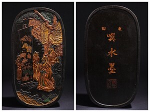 明代 施金描彩賞画図油煙墨 明萬暦年程君房製銘【仁】手彫り 文房具 書道具 中国古墨 古美術 蔵出 骨董