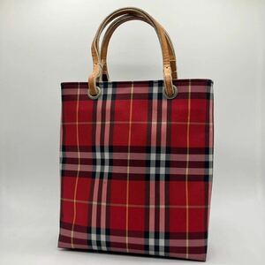 1円 BURBERRY LONDON バーバリー ロンドン ハンドバッグ ミニバッグ ノバチェック レザー キャンバス 赤