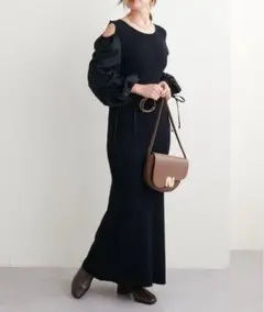 natural couture ドロストギャザー袖2WAYリブニットワンピース