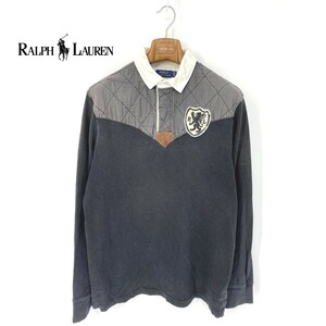 A6188/春夏 POLO RALPH LAUREN ポロ ラルフローレン コットン 部分牛革 ラガー ワッペン 長袖 ポロシャツ Tシャツ カットソー L灰色/メンズ