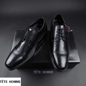 新品★TETE HOMME/テットオム/カウレザーセミブローグドレスシューズ5302/001黒/25ｃｍ